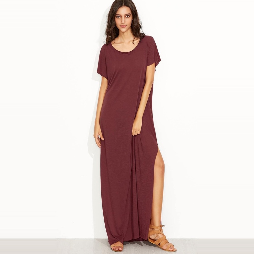 Loose Side Slits Burnout Knit Maxi Dress Burgundy - Picture 3 of 7